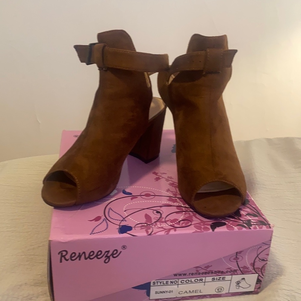 Brown suede peep toe booties